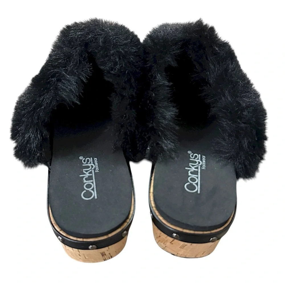 CORKYS Women's Just Fur Fun Black Wedge Slip On Fur Lined Studded Mules 10 New
